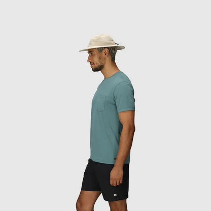 Side view of the Outdoor Research Swift Lite Brimmer in Atlantic on a model against a plain background.