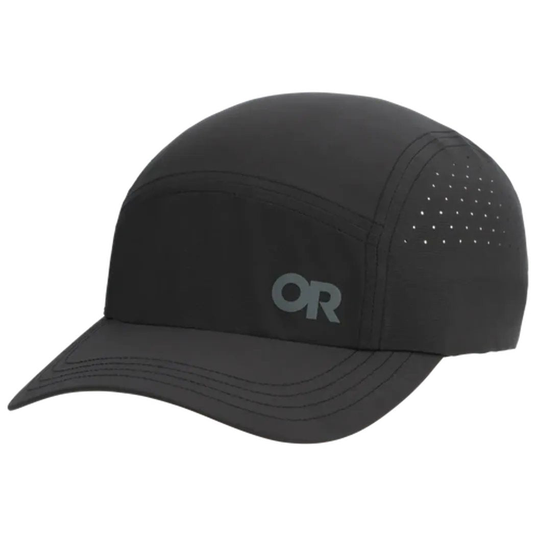 A front view of the Outdoor Research Swift Lite Tech Cap in Black showing the perforated side panels and OR logo against a white background.