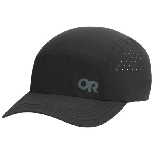 A front view of the Outdoor Research Swift Lite Tech Cap in Black showing the perforated side panels and OR logo against a white background.