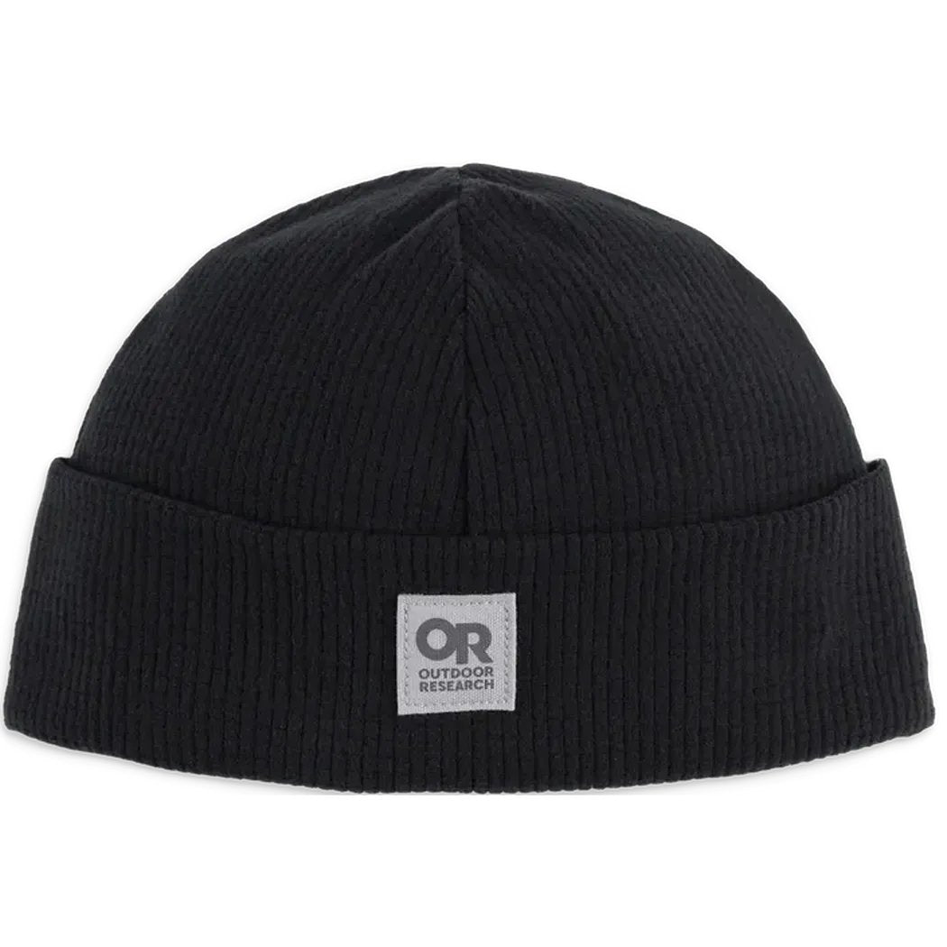 Black Outdoor Research Trail Mix Beanie with a fold-over cuff and logo patch, photographed from front against white background.