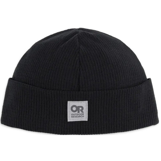 Black Outdoor Research Trail Mix Beanie with a fold-over cuff and logo patch, photographed from front against white background.