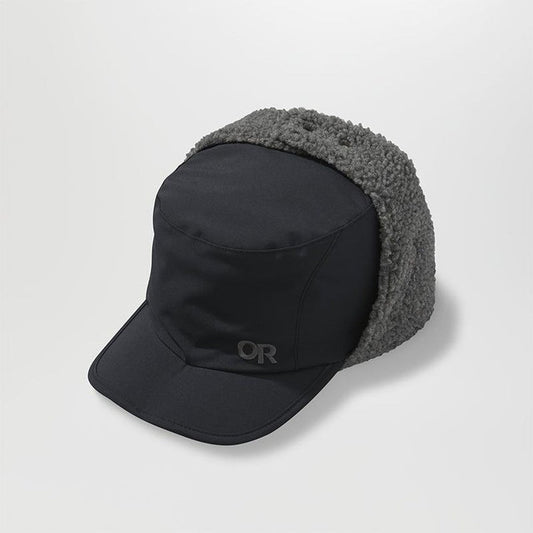 A front view of the Outdoor Research Whitefish Hat in Atlantic color with a gray fleece-lined brim against a white background.