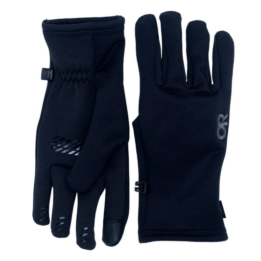 Black Outdoor Research Women's Backstop Sensor Windpro Gloves shown from front and back with a white background.