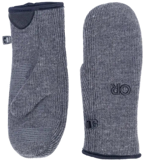 Side view of the Outdoor Research Women's Flurry Mitts in Charcoal showing the textured palm and logo on the back.