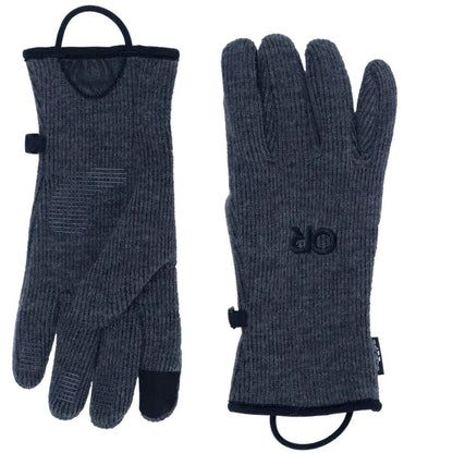 Side view of the Outdoor Research Women's Flurry Sensor Gloves in Charcoal showing the touchscreen tips and logo on the palm against a white background.
