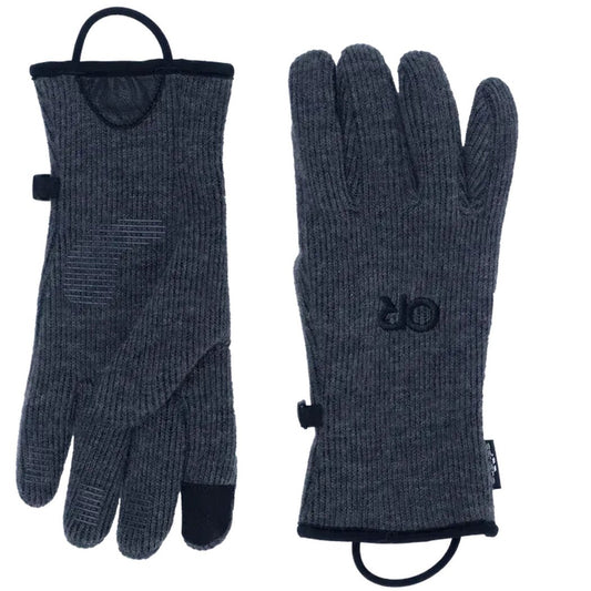 Side view of the Outdoor Research Women's Flurry Sensor Gloves in Charcoal showing the touchscreen tips and logo on the palm against a white background.