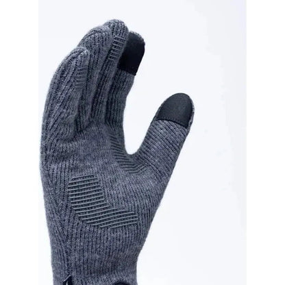 A close-up of the Outdoor Research Women's Flurry Sensor Gloves in Charcoal, showing the textured palm and touchscreen-friendly fingertips against a plain white background.