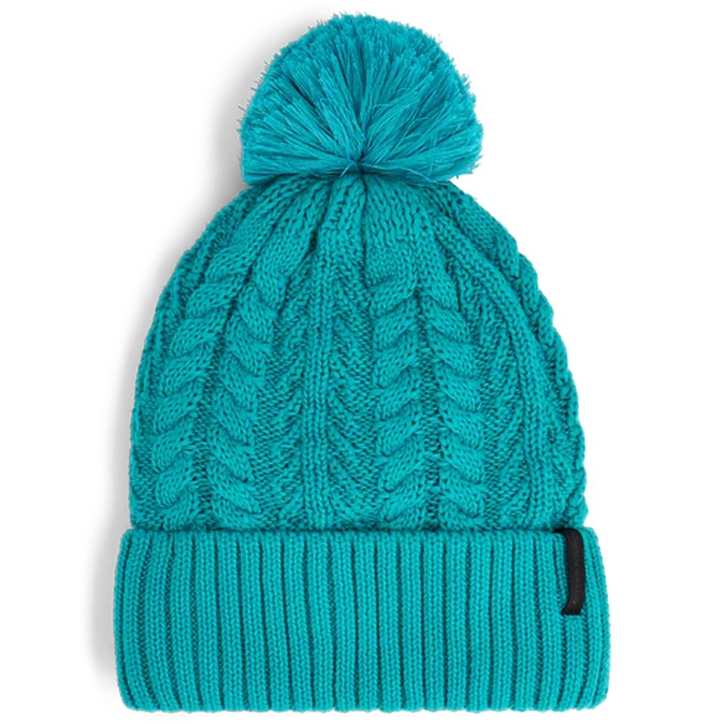 Tidepool/Aurora Outdoor Research Women's Liftie Beanie with a pom pom, shown from front against a white background.
