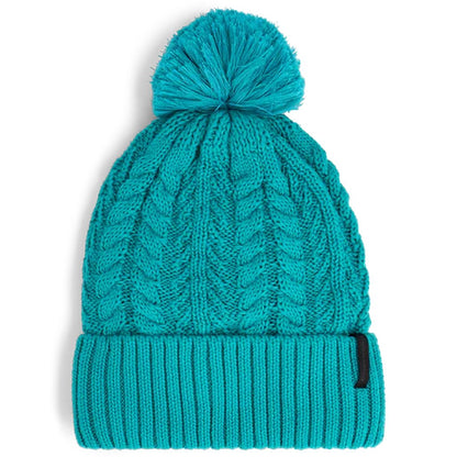 Tidepool/Aurora Outdoor Research Women's Liftie Beanie with a pom pom, shown from front against a white background.