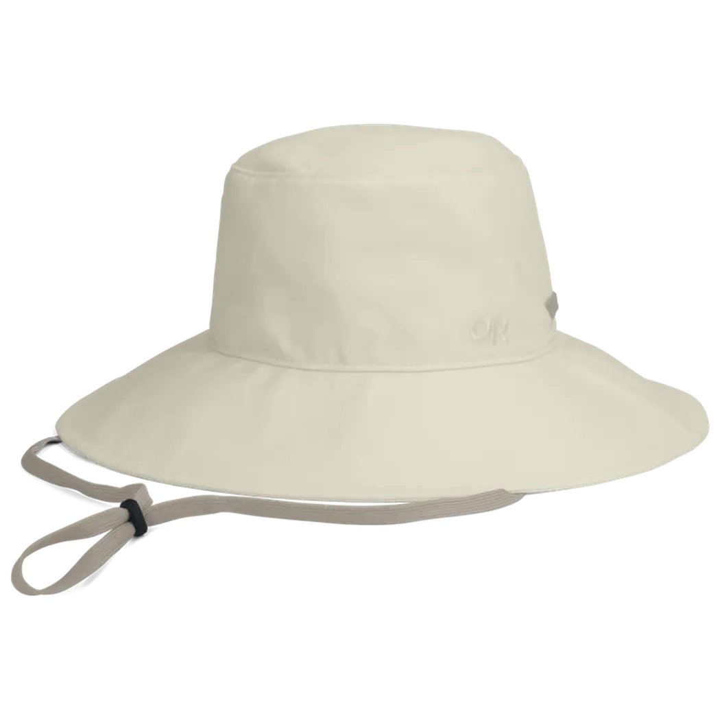 A front view of the Outdoor Research Women's Mojave II Sun Hat in Oyster color with a chin strap, displayed against a white background.