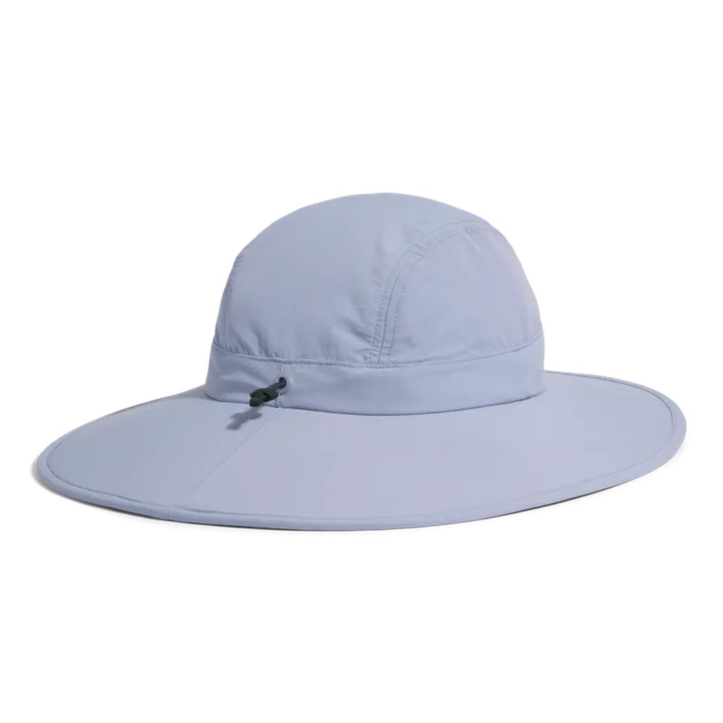 A front view of the Outdoor Research Women's Oasis Sun Hat in Cherry Blossom with a wide brim and a small black buckle on the crown, set against a plain white background.