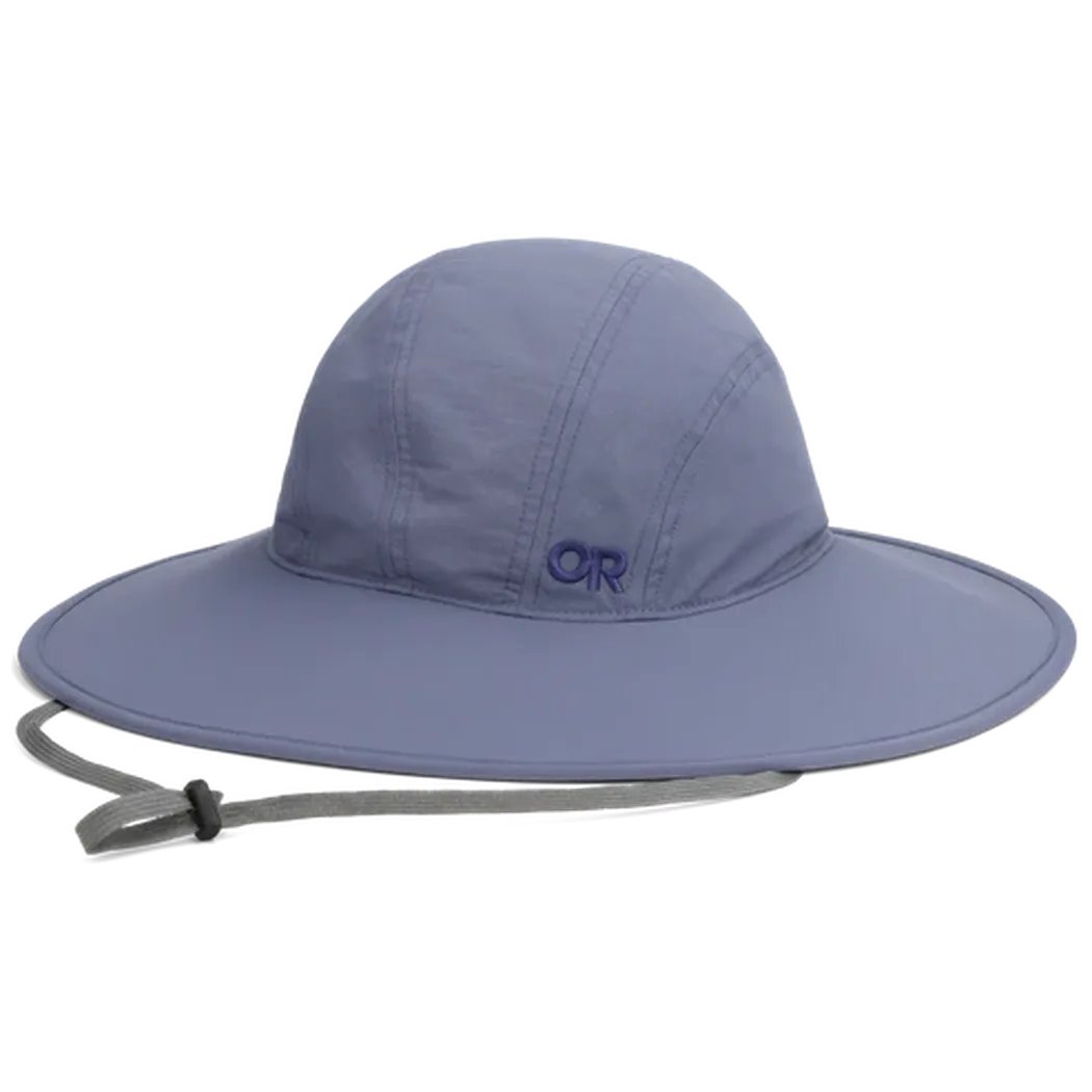 A front view of the Outdoor Research Women's Oasis Sun Sombrero in Sand with a wide brim and chin strap against a white background.