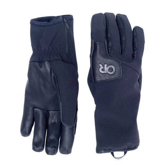Black Outdoor Research Women's Stormtracker Sensor Windbloc Gloves shown from front and back with a logo patch on the palm.