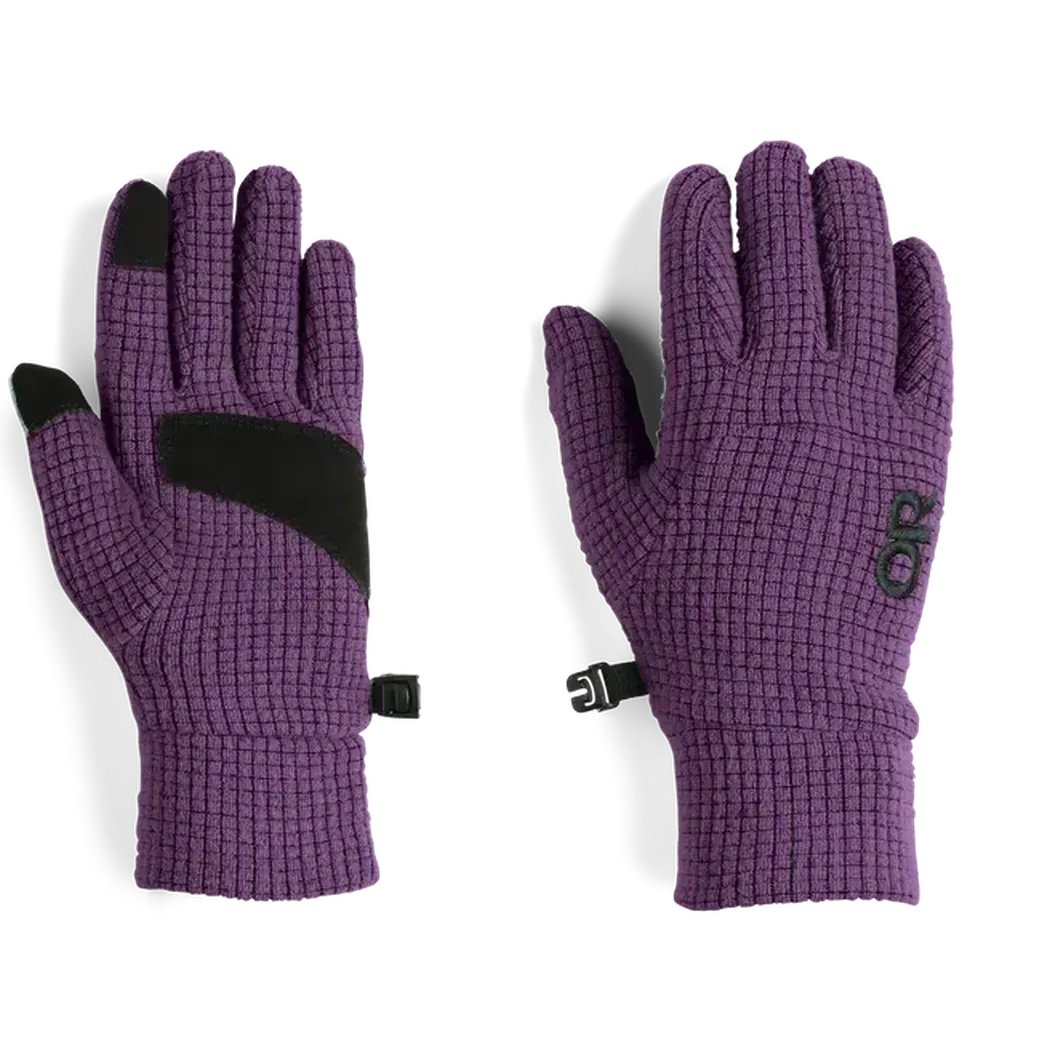 Side view of the Outdoor Research Women's Trail Mix Gloves in Amethyst showing the black palm patch and logo against a white background.