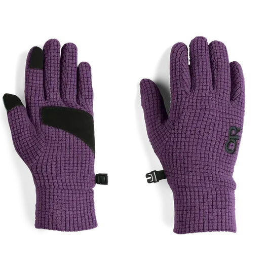 Side view of the Outdoor Research Women's Trail Mix Gloves in Amethyst showing the black palm patch and logo against a white background.