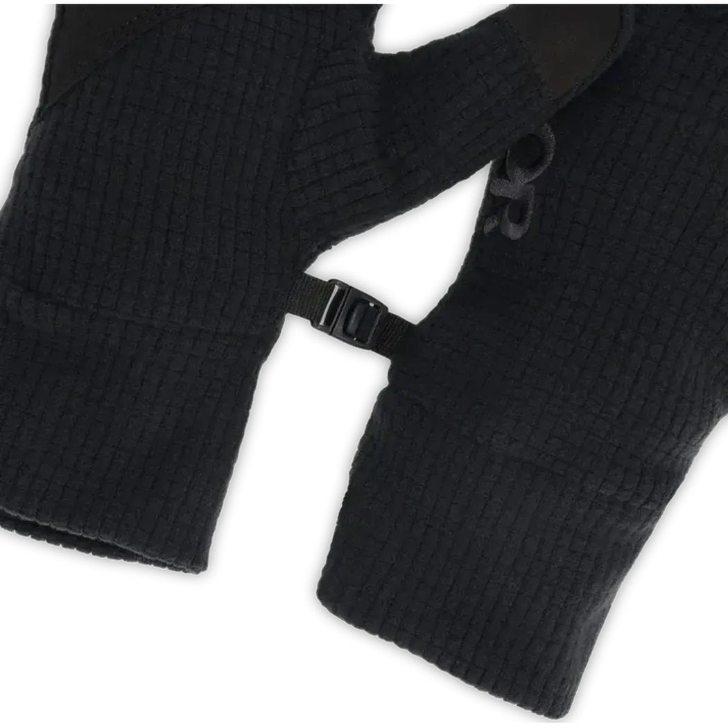 Close-up of the Outdoor Research Women's Trail Mix Gloves in Amethyst showing the adjustable strap and textured knit material.