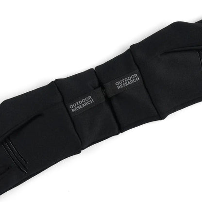 A close-up of the black Outdoor Research Women's Vigor Midweight Sensor Gloves showing the brand labels and a white background.