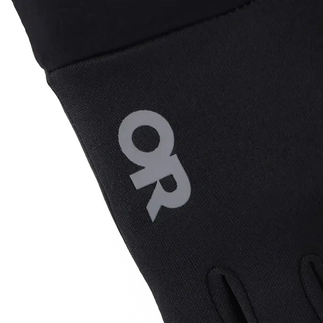 A close-up of the black Outdoor Research Women's Vigor Midweight Sensor Gloves showing the logo on the wrist.