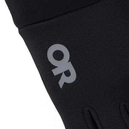 A close-up of the black Outdoor Research Women's Vigor Midweight Sensor Gloves showing the logo on the wrist.