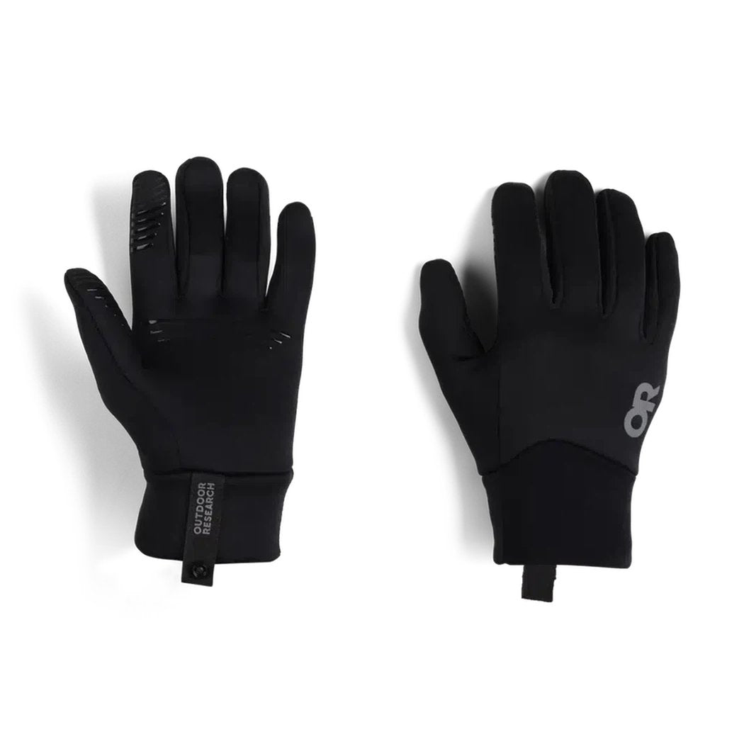 Black Outdoor Research Women's Vigor Midweight Sensor Gloves shown from front and back against a white background.