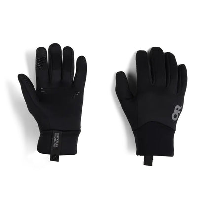 Black Outdoor Research Women's Vigor Midweight Sensor Gloves shown from front and back against a white background.
