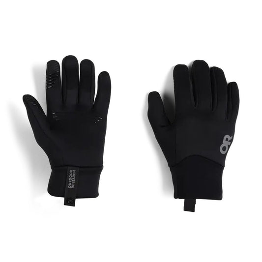 Black Outdoor Research Women's Vigor Midweight Sensor Gloves shown from front and back against a white background.