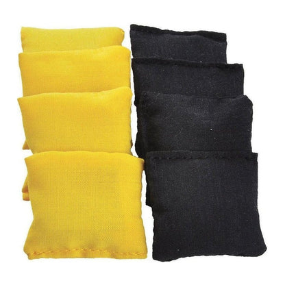 Four yellow and four black cornhole bags arranged side by side on a white background.