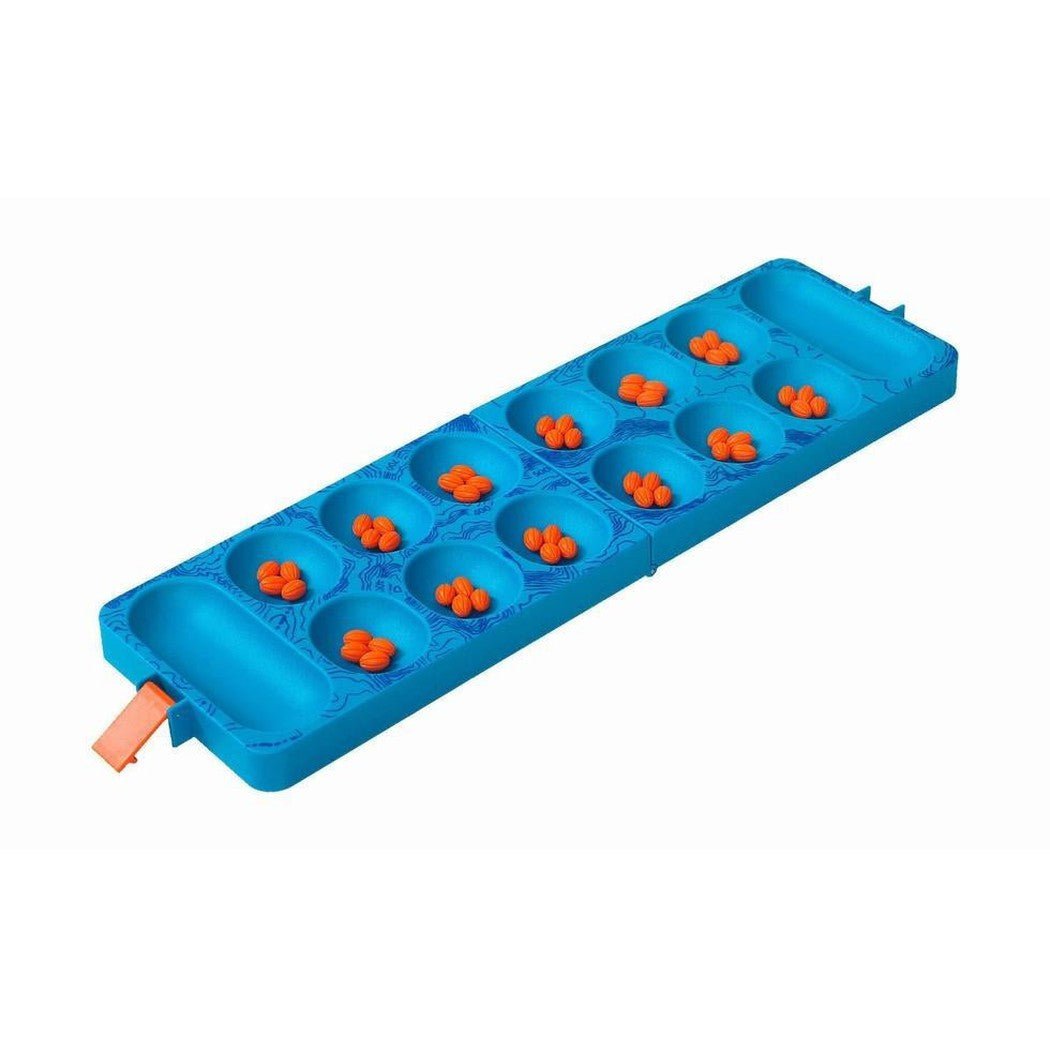 A blue Outside Inside Backpack Mancala game with orange pieces, shown from a side angle against a white background.