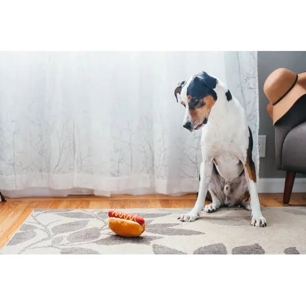 A dog sits on a rug looking at a P.L.A.Y American Classic Hot Diggy Dog toy in front of it.
