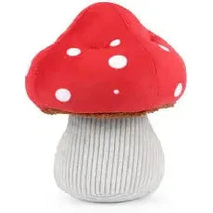A front view of the P.L.A.Y Blooming Buddies Mutt's Mushroom pet toy with a red cap and white spots on a white background.