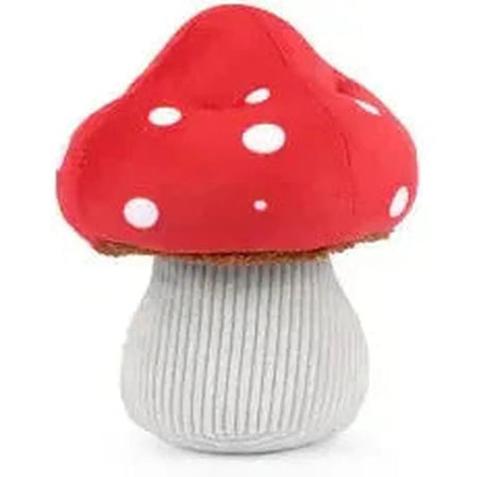 A front view of the P.L.A.Y Blooming Buddies Mutt's Mushroom pet toy with a red cap and white spots on a white background.