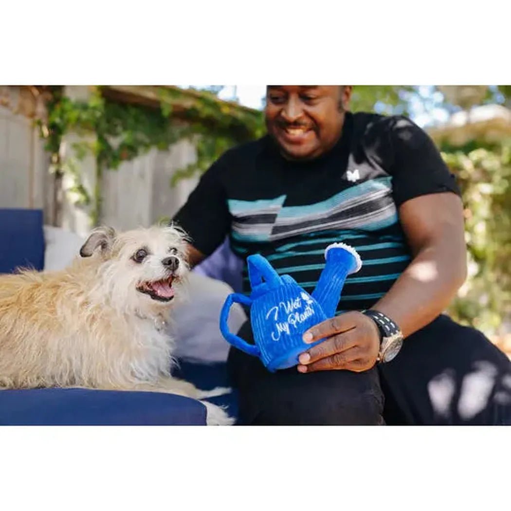 A man sits on a blue couch with a fluffy dog, holding a blue P.L.A.Y Blooming Buddies Wagging Watering Can toy.