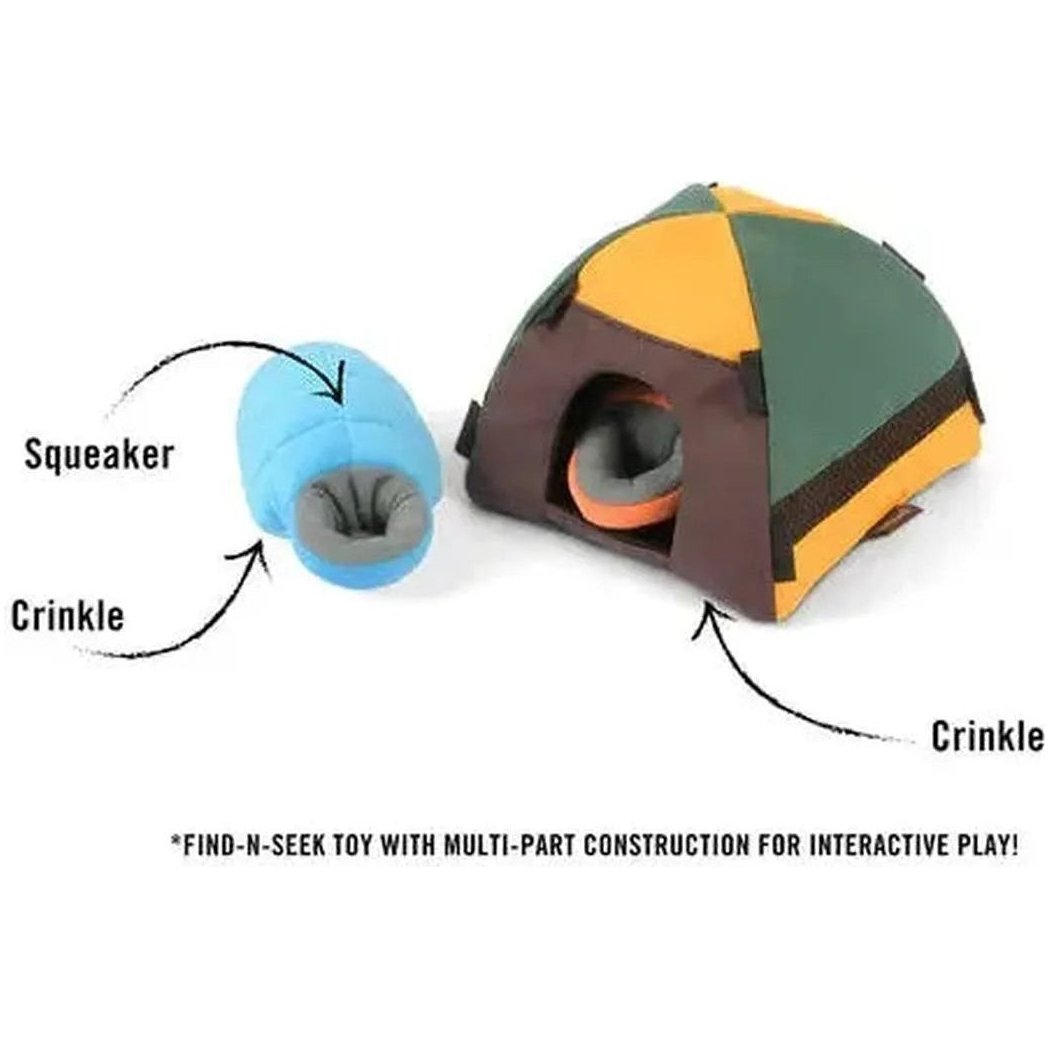 A side view of the P.L.A.Y Camp Corbin Trailblazing Tent with a blue squeaker and crinkle toy next to it.