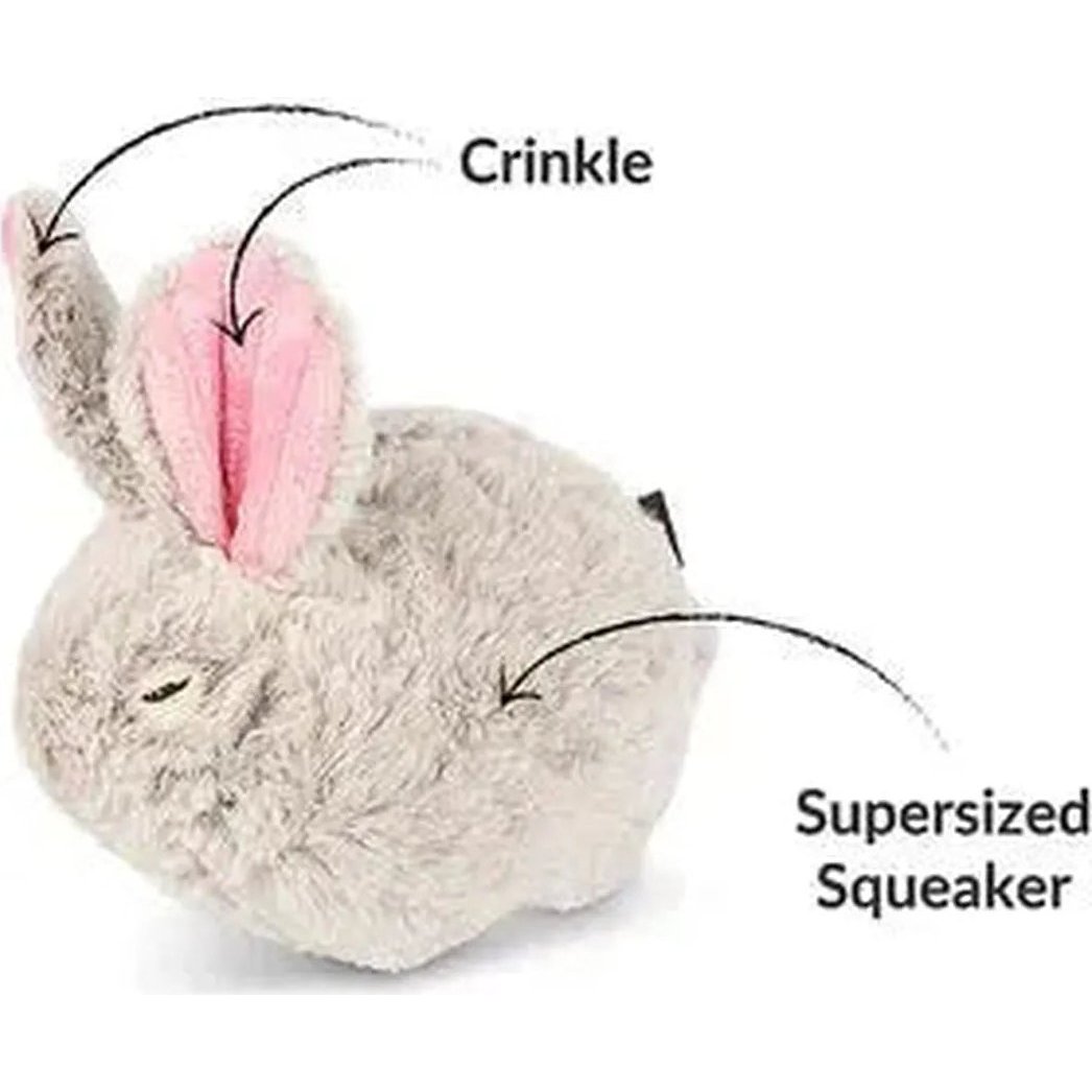 A front view of the P.L.A.Y Forest Friends Baxter the Bunny toy showing its crinkle ears and supersized squeaker against a white background.
