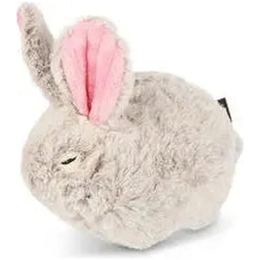 A close-up of the P.L.A.Y Forest Friends Baxter the Bunny toy with pink inner ears and a soft gray exterior, photographed against a white background.