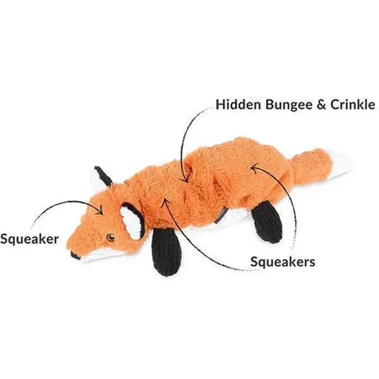 A side view of the P.L.A.Y Forest Friends Forest the Fox toy showing its squeaker, hidden bungee & crinkle, and black paw squeakers against a white background.