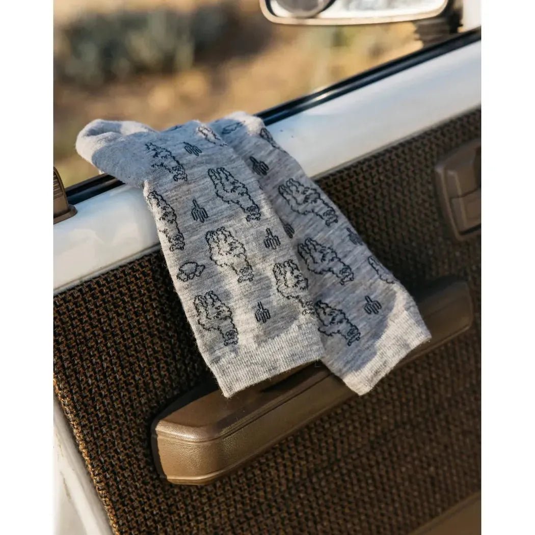 Light grey Paka Apparel Essential Sebastian Crew Socks draped over a car door handle with a desert background visible through the window.