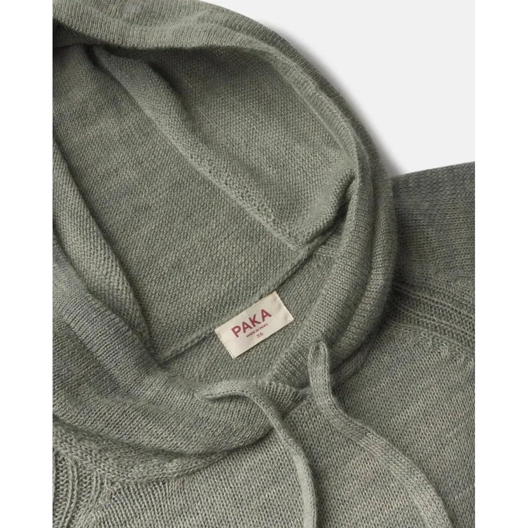 A close-up of the Paka Apparel Women's Hoodie in Willow showing the hood and drawstrings against a white background.