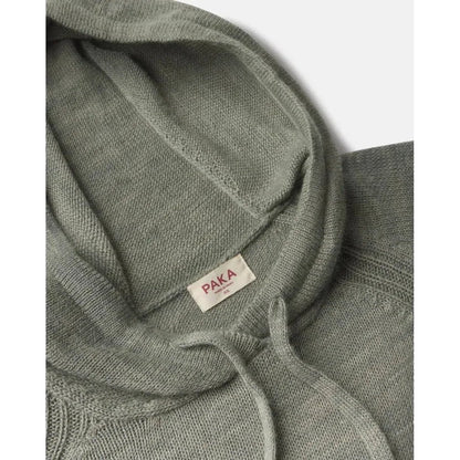A close-up of the Paka Apparel Women's Hoodie in Willow showing the hood and drawstrings against a white background.