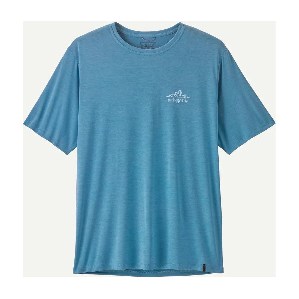 A front view of the Patagonia Men's Cap Cool Daily Hoody in ShoreBlLiShBlXD color with a mountain logo on the chest.