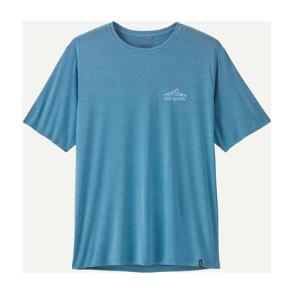 A front view of the Patagonia Men's Cap Cool Daily Hoody in ShoreBlLiShBlXD color with a mountain logo on the chest.