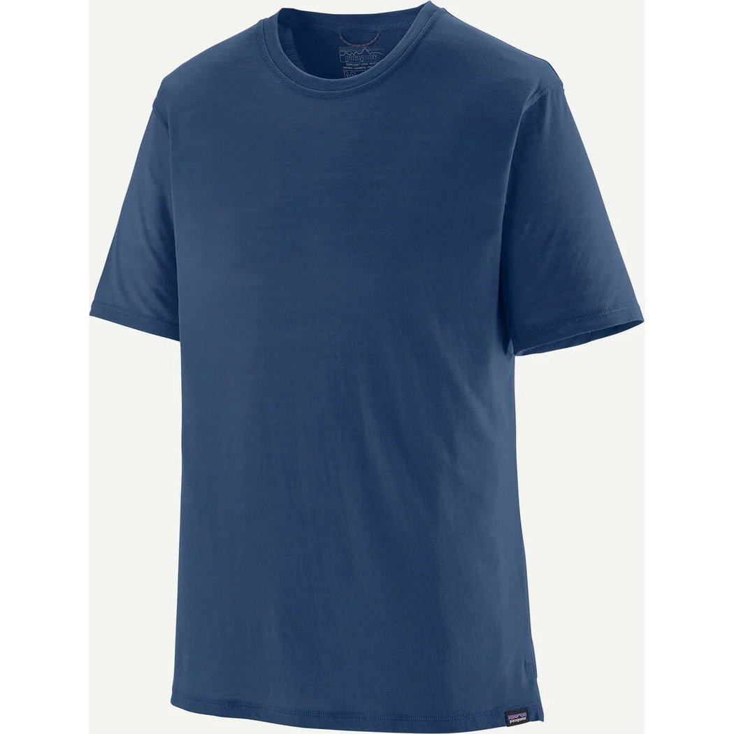 A front view of the Patagonia Men's Cap Cool Merino Blend Shirt in Clement Blue against a plain background.