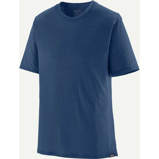 A front view of the Patagonia Men's Cap Cool Merino Blend Shirt in Clement Blue against a plain background.