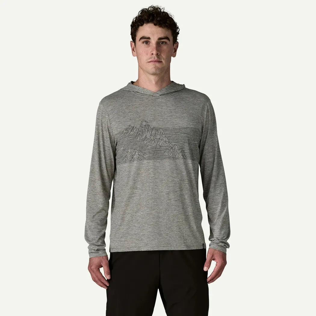 A front view of the Patagonia Men's CapCool Daily Hoody - Strataspire Stripe in Feather Grey on a model against a white background.