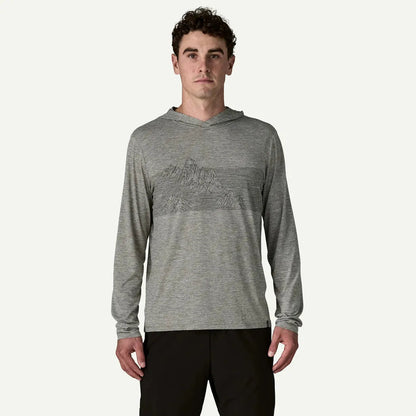 A front view of the Patagonia Men's CapCool Daily Hoody - Strataspire Stripe in Feather Grey on a model against a white background.