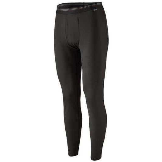 Side view of the Patagonia Men's Capilene Midweight Bottoms in Black against a white background.