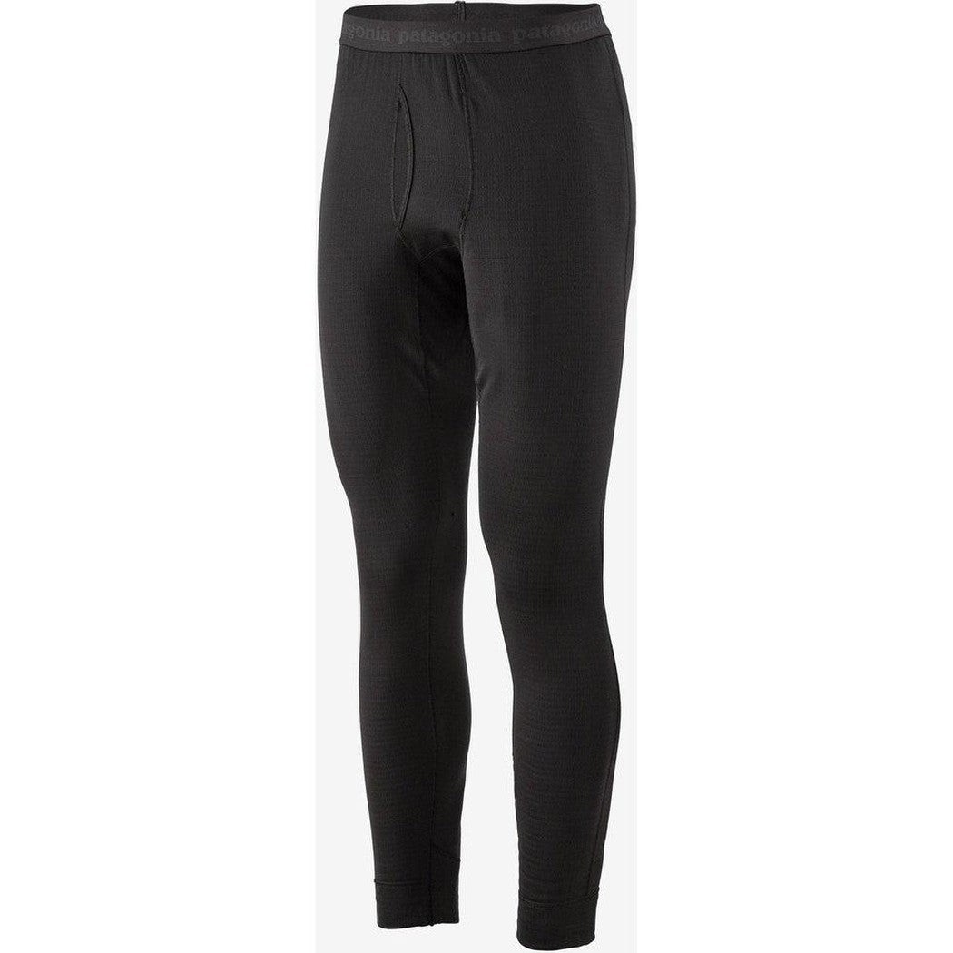 Side view of the Patagonia Men's Capilene Thermal Weight Bottoms in Black against a white background.