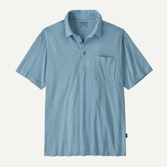 A front view of the Patagonia Men's Dally Polo in Twin Rope: Shore Blue with a chest pocket and a small tag on the lower right, against a plain white background.