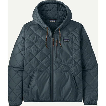 A front view of the Patagonia Men's Diamond Quilted Bomber Hoody in Summit Blue with a hood and front pocket.