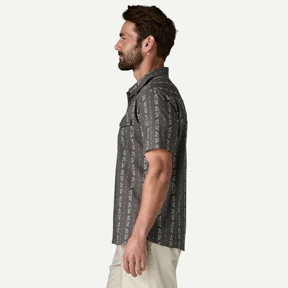 Side view of the Patagonia Men's Go To Western Shirt in Lowlands: Forge Grey showing the short sleeves and chest pocket against a plain white background.